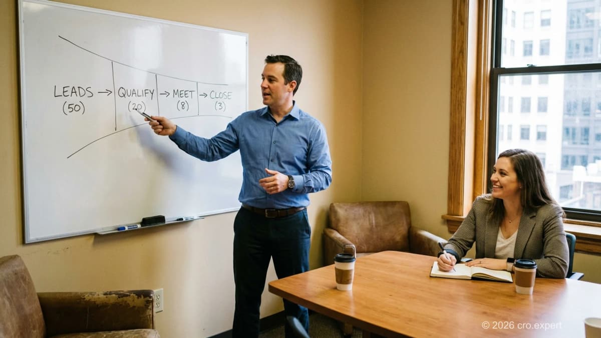 Sales manager running a deal review coaching session with B2B rep at whiteboard