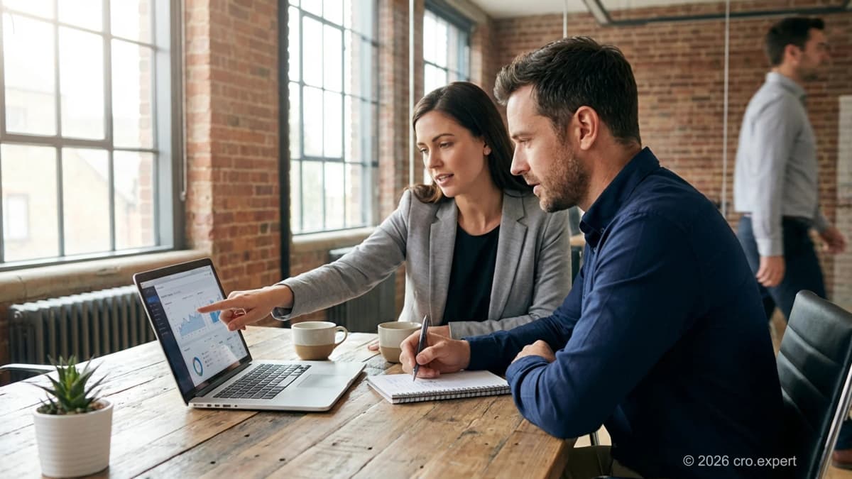 Deal review coaching session showing manager and rep working through pipeline on laptop together