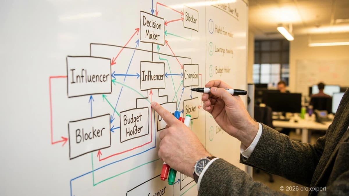 Enterprise buying committee power map showing stakeholder relationships and influence flows