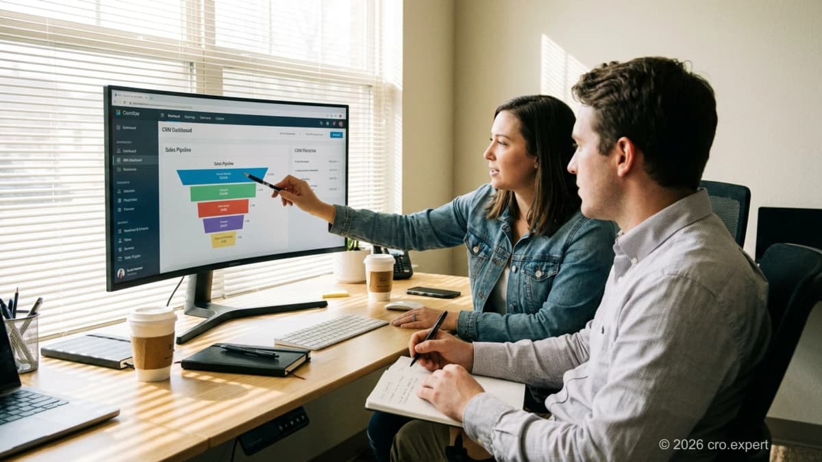 Founder and sales rep reviewing CRM pipeline during founder-led sales transition coaching session
