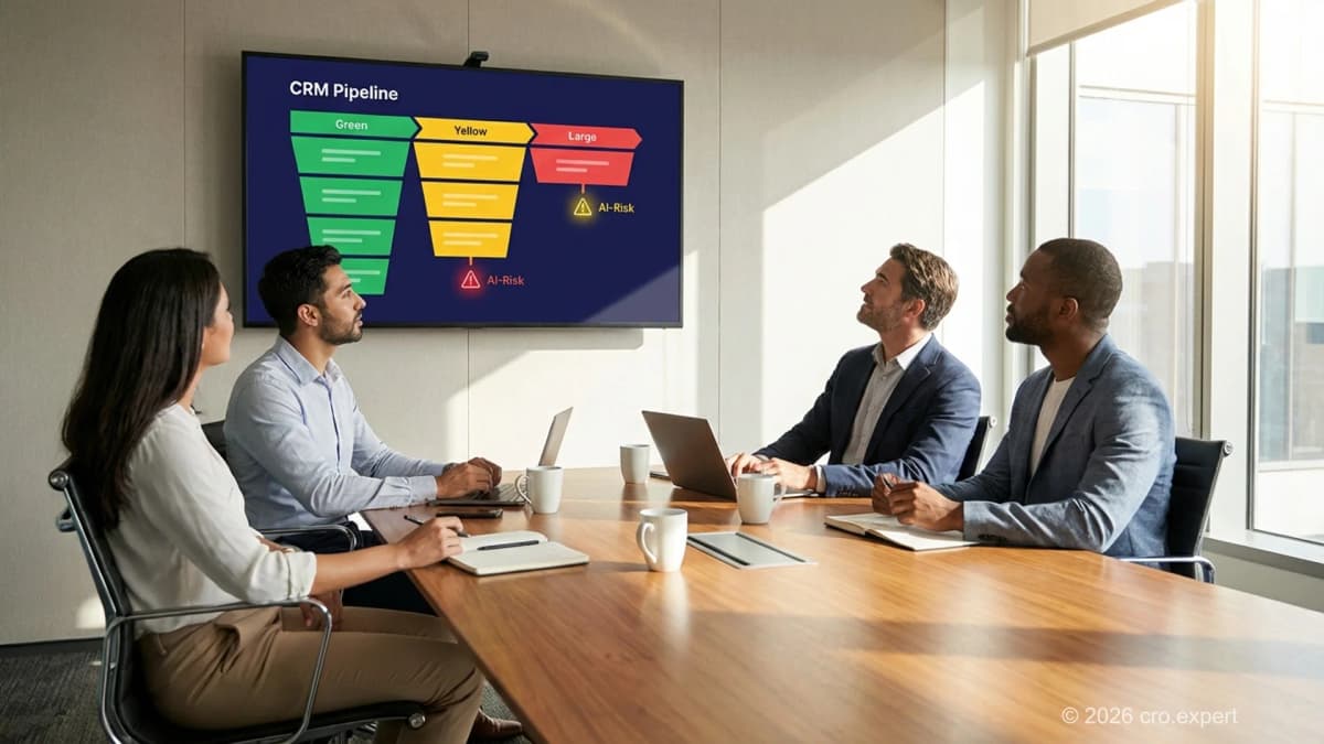 B2B sales team reviewing AI in sales call analysis data on a shared screen in a modern office meeting room