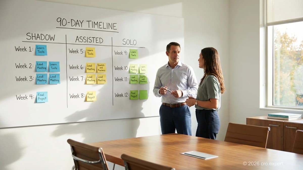 Enterprise sales rep onboarding 90-day ramp progression framework showing shadow, assisted, and solo phases