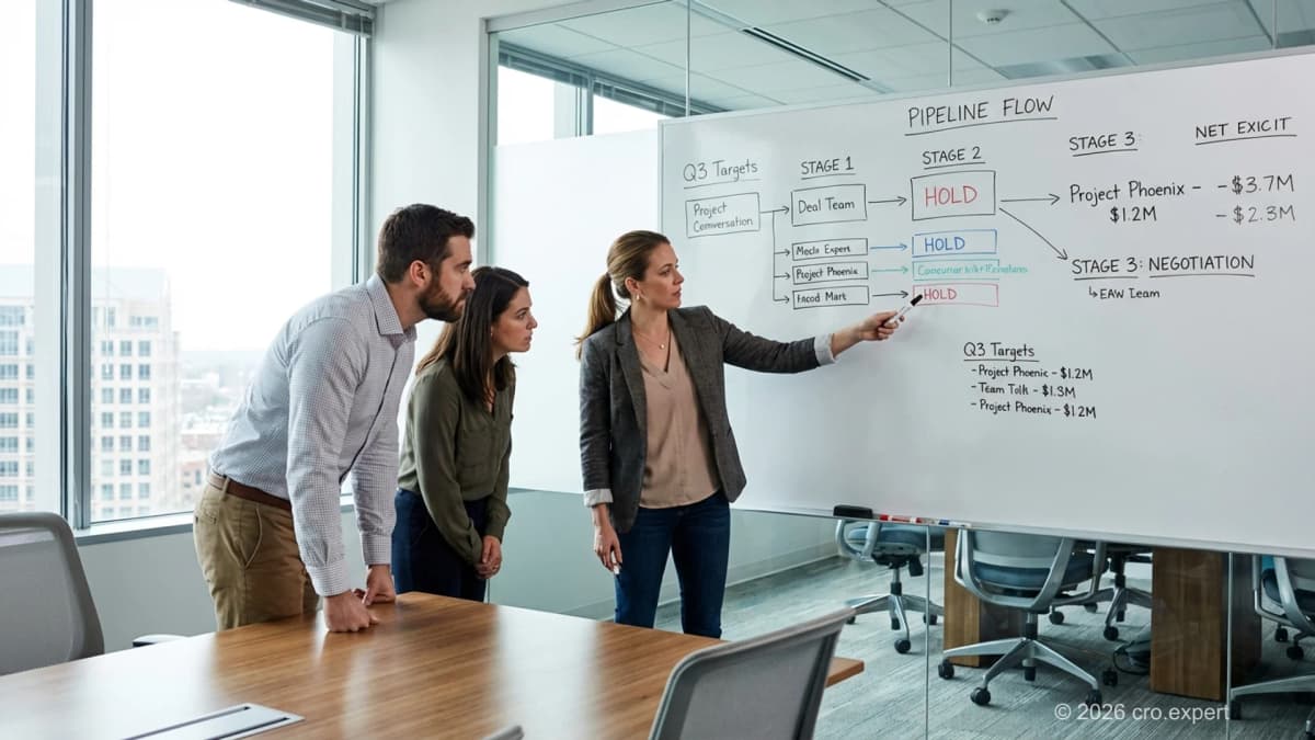 Salesleider die een gestructureerde omzetdipdiagnose uitvoert met pipelinedata op het scherm
