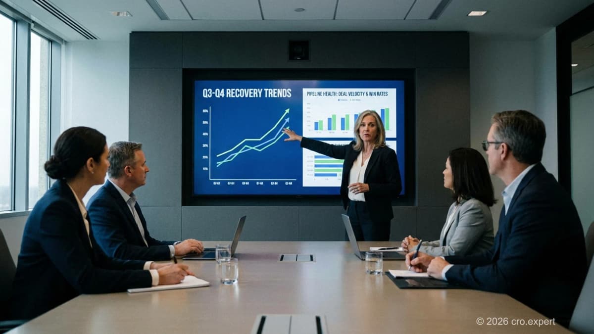 B2B-verkoopteam dat omzetdip-herstelcijfers bekijkt op een whiteboard