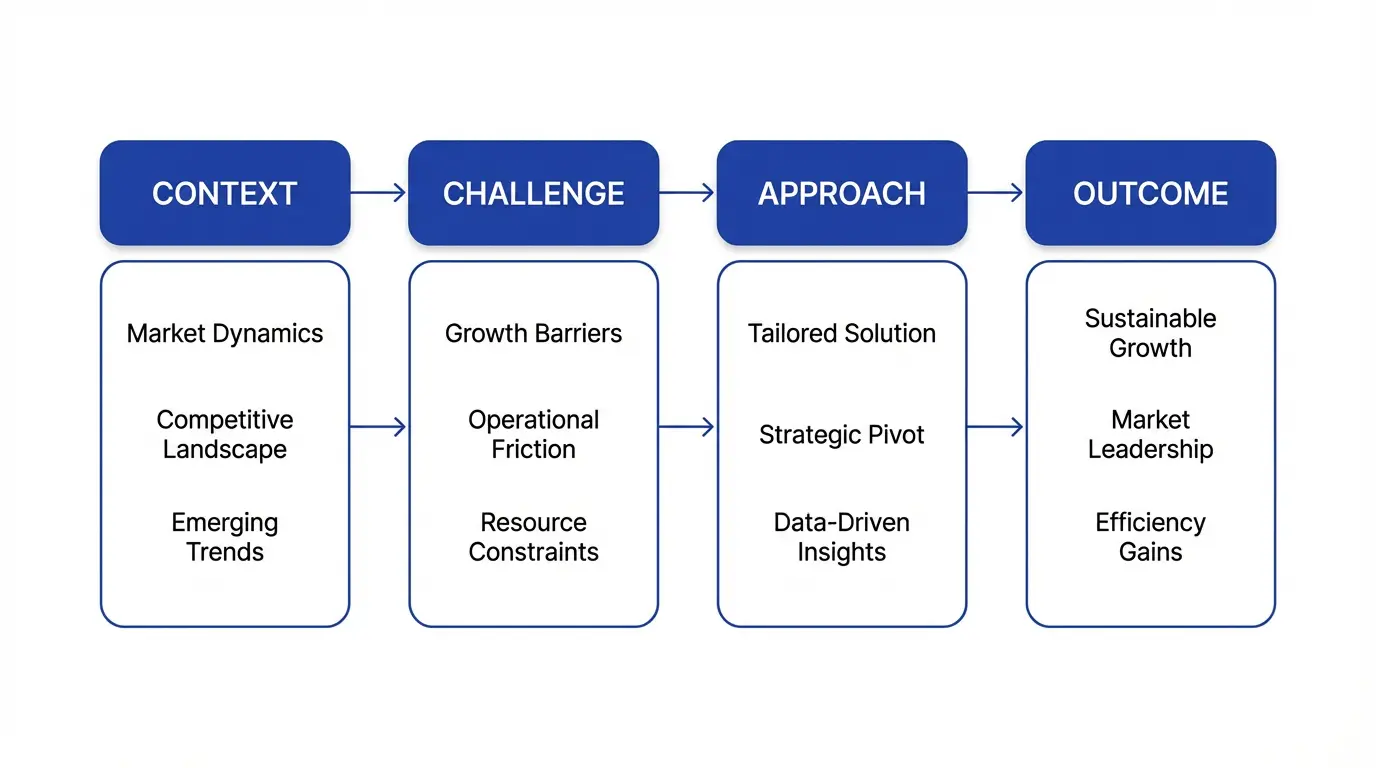Niche case study structure showing Context, Challenge, Approach, and Outcome framework