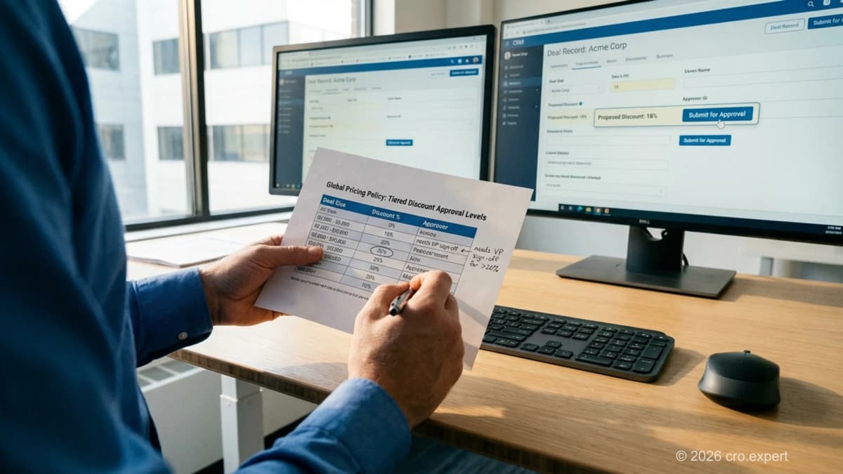 B2B sales manager reviewing pricing guardrails and floor pricing policy documents at a modern office desk