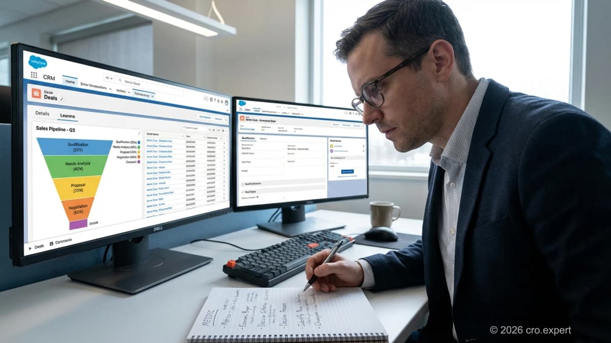 Sales qualification framework MEDDIC scorecard review session between sales manager and rep