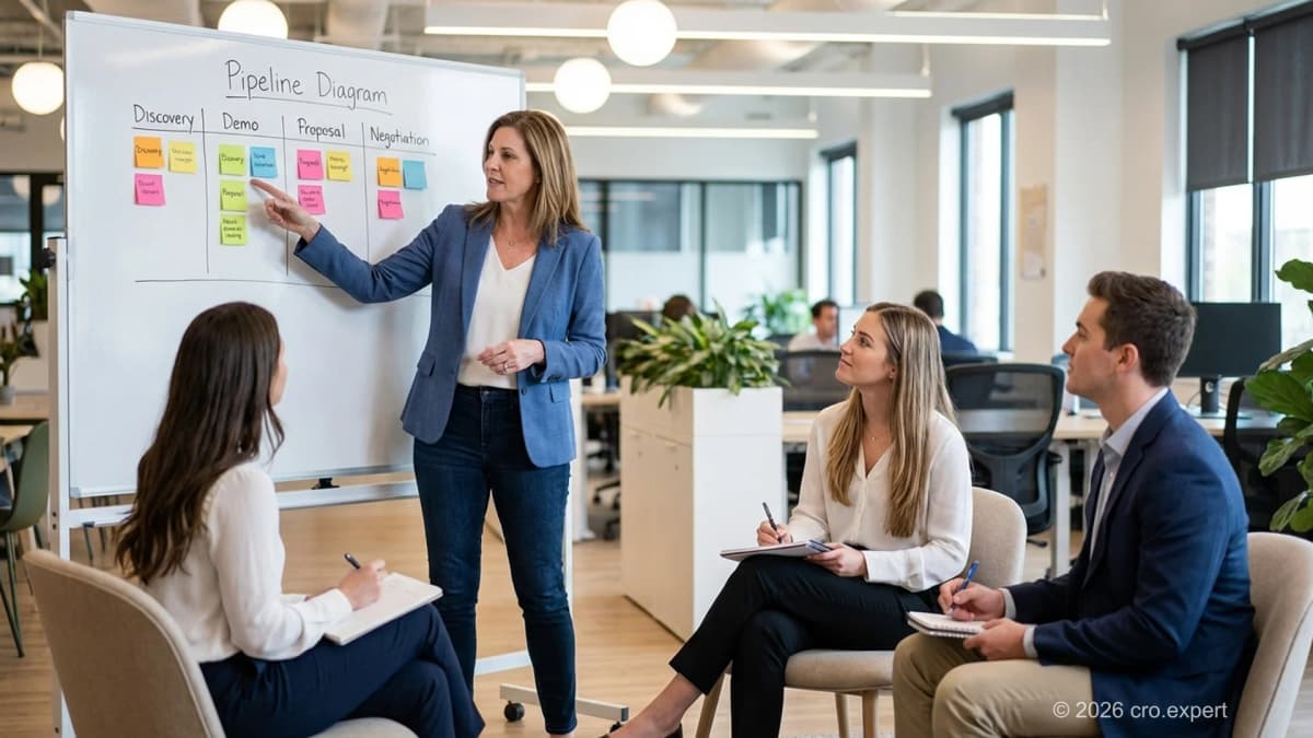 Win Rate improvement deal review session in a PE-backed B2B SaaS company with sales manager and revenue team